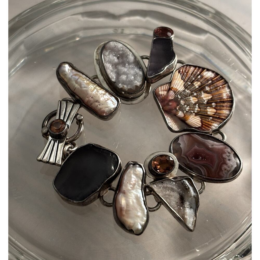 Echo Of The Dreamer Sterling/Pearl/Shell/Druzy/Glass/Tourmaline/Agate BRACELET - Picture 9 of 9